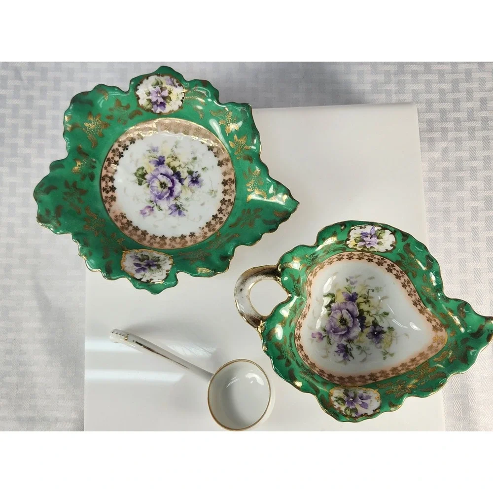 Rare 3 Piece Set 1819-1919 Victoria Carlsbad Austria Tray Bowl Ladle Brilliant